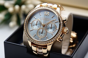 Montre de luxe dans une boîte avec des bijoux isolés sur blanc